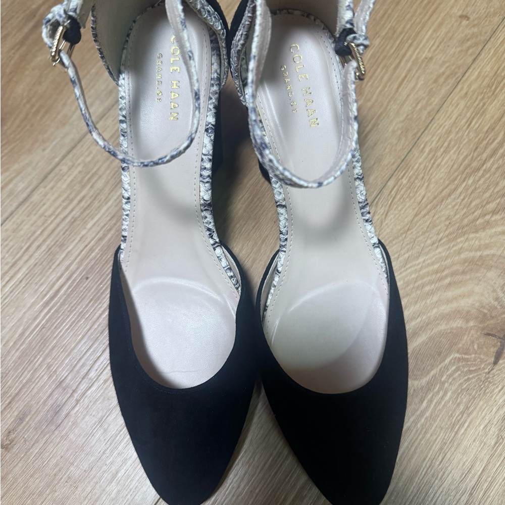 Cole Haan Black Pointed-Toe Ankle-Strap Heels with Snakeskin Detail